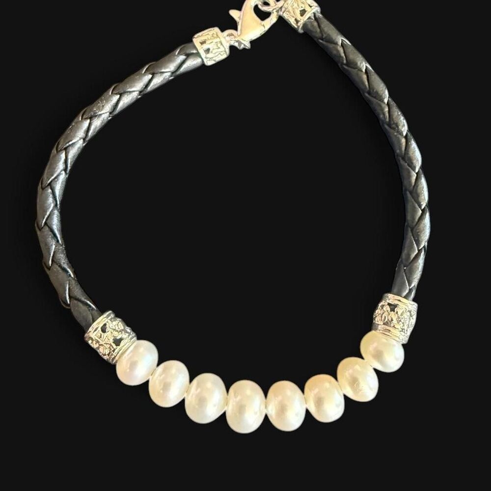 Black Braided Leather Pearl Bracelet Silver Boho Bracelet